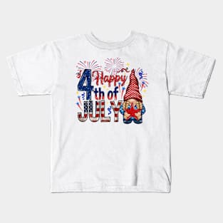 Happy 4th Of July with gnome Us Flag Independence Day Kids T-Shirt